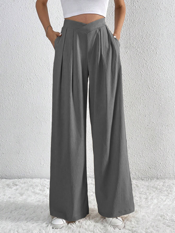 Commuter Style Pleated Wide Leg Pants Loose Trousers-[Adult]-[Female]-Grey-S-2022 Online Blue Zone Planet
