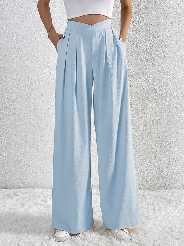 Commuter Style Pleated Wide Leg Pants Loose Trousers-[Adult]-[Female]-Clear blue-S-2022 Online Blue Zone Planet