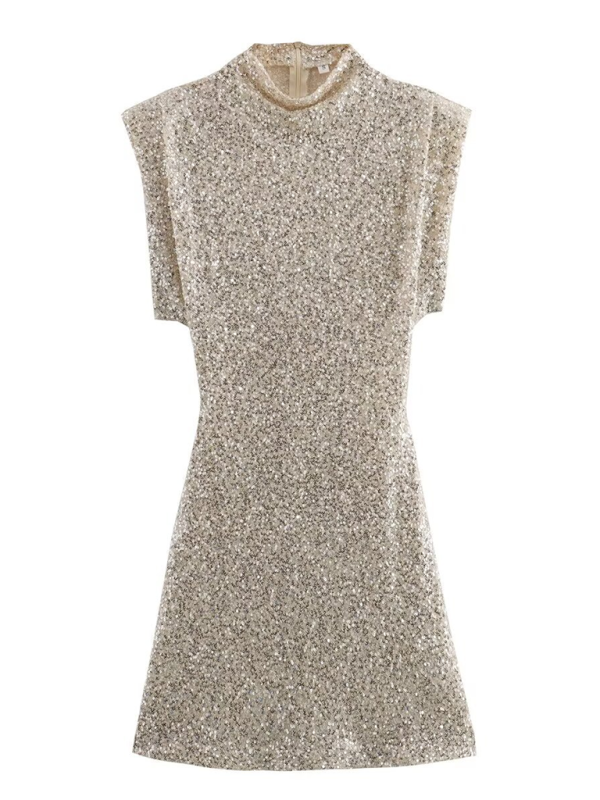 New women's high collar padded shoulder sequin dress-[Adult]-[Female]-Cream-XS-2022 Online Blue Zone Planet