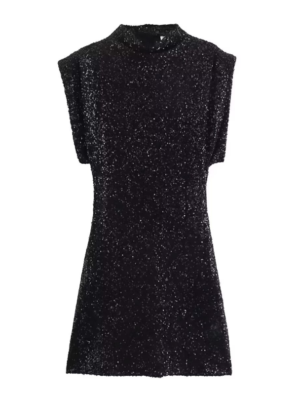 New women's high collar padded shoulder sequin dress-[Adult]-[Female]-Black-XS-2022 Online Blue Zone Planet