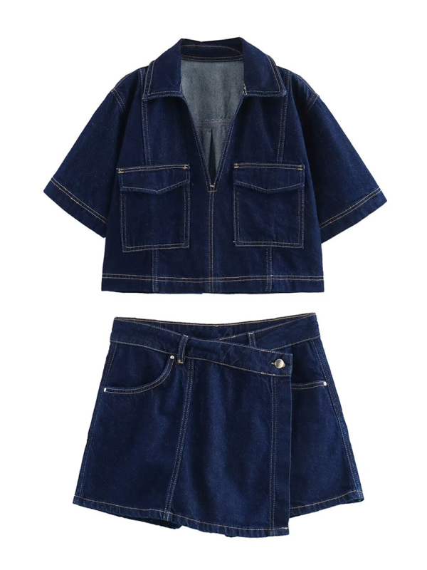 retro pocket trim short denim shirt/shorts-[Adult]-[Female]-2022 Online Blue Zone Planet