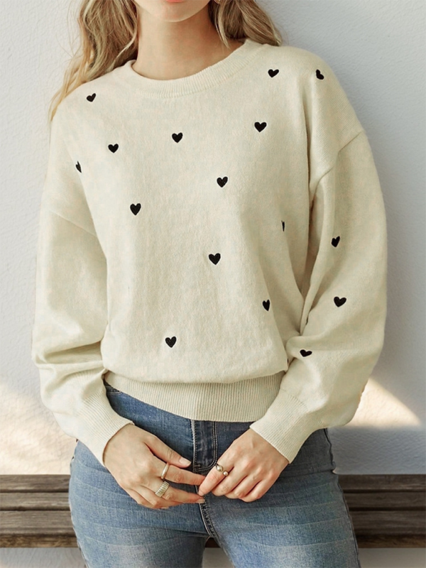 Blue Zone Planet | Women's Valentine's Day Heart Crew Neck Sweater-[Adult]-[Female]-Cracker khaki-S-2022 Online Blue Zone Planet