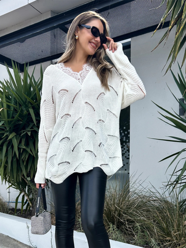 Blue Zone Planet | Women's lace stitching mid-length white sweater-[Adult]-[Female]-2022 Online Blue Zone Planet