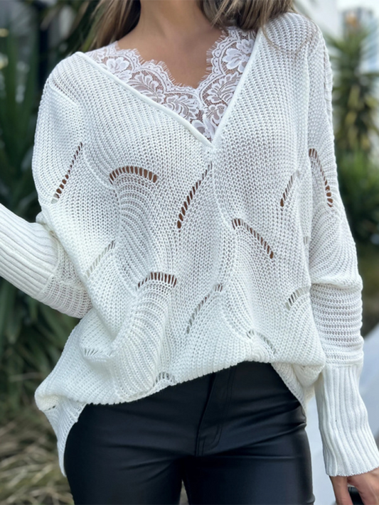 Blue Zone Planet | Women's lace stitching mid-length white sweater-[Adult]-[Female]-White-S-2022 Online Blue Zone Planet