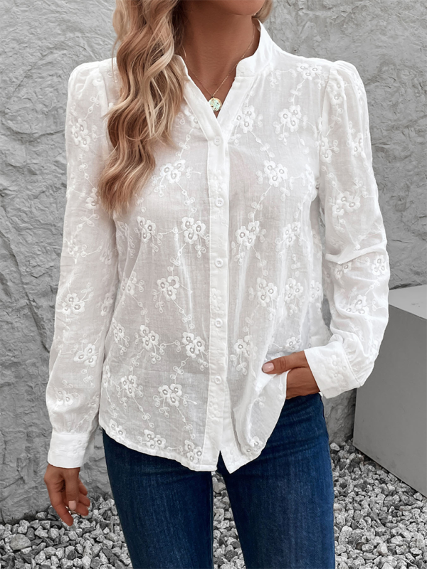 Blue Zone Planet | Women's Cardigan Shirt Long Sleeve Hollow Lace Top Jacquard Shirt-[Adult]-[Female]-2022 Online Blue Zone Planet