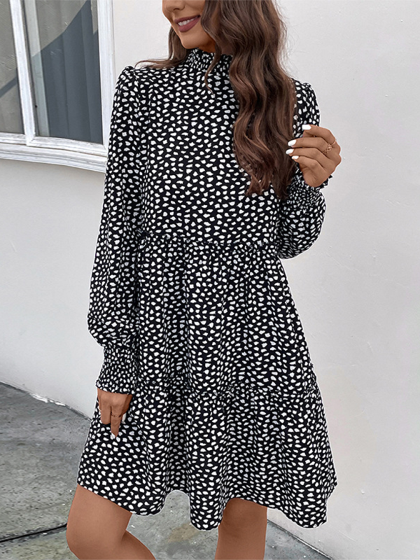 Blue Zone Planet | Women's small stand collar leopard print long sleeve loose dress-TOPS / DRESSES-[Adult]-[Female]-Black-S-2022 Online Blue Zone Planet