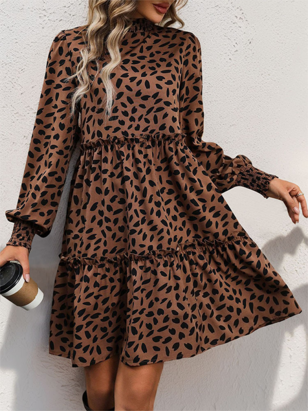 Blue Zone Planet | Women's small stand collar leopard print long sleeve loose dress-TOPS / DRESSES-[Adult]-[Female]-Coffee-S-2022 Online Blue Zone Planet