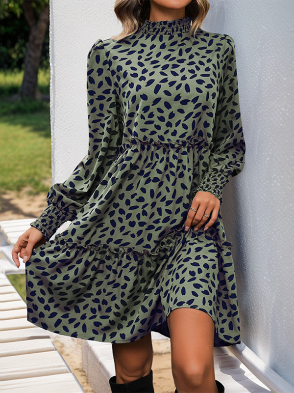 Blue Zone Planet | Women's small stand collar leopard print long sleeve loose dress-TOPS / DRESSES-[Adult]-[Female]-Green-S-2022 Online Blue Zone Planet