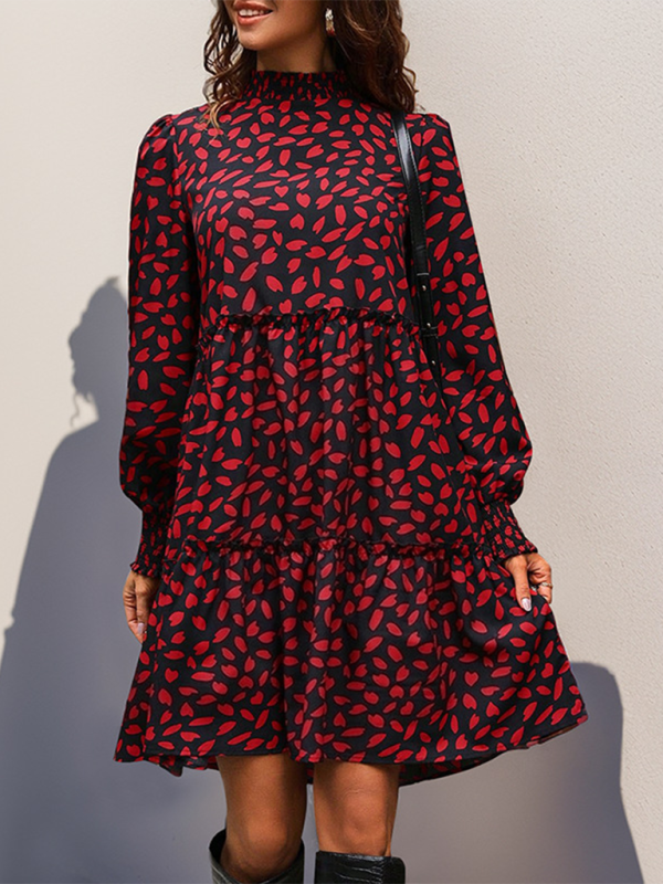 Blue Zone Planet | Women's small stand collar leopard print long sleeve loose dress-TOPS / DRESSES-[Adult]-[Female]-Red-S-2022 Online Blue Zone Planet