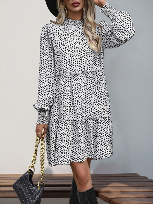 Blue Zone Planet | Women's small stand collar leopard print long sleeve loose dress-TOPS / DRESSES-[Adult]-[Female]-2022 Online Blue Zone Planet