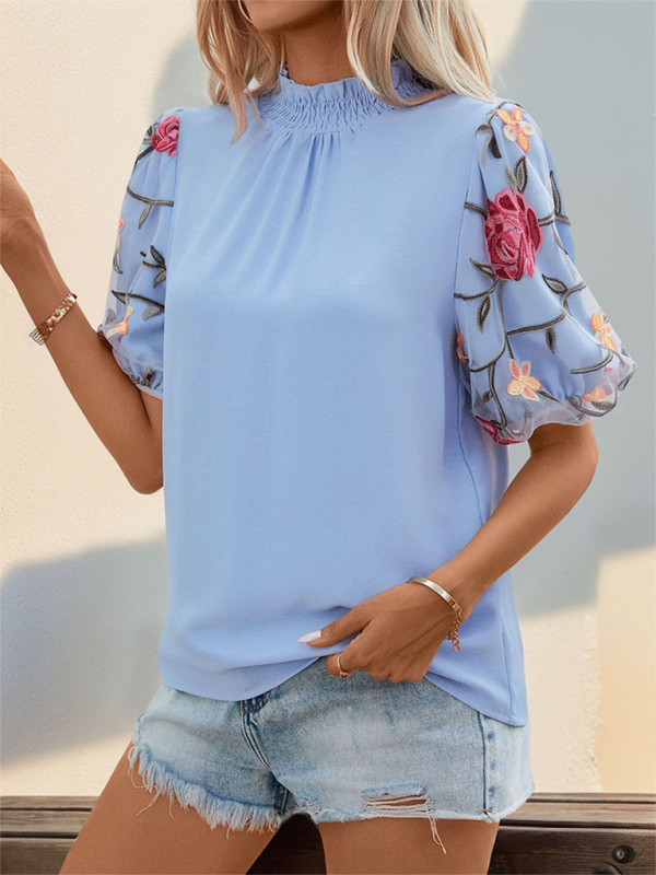 Blue Zone Planet | New embroidered mesh splicing short-sleeved shirt with stand-up collar and elegant shirt-[Adult]-[Female]-2022 Online Blue Zone Planet