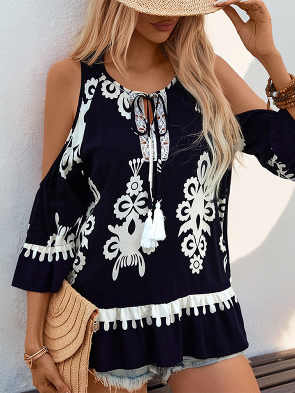 Blue Zone Planet | New Retro Comfortable Cold Shoulder Shirt Lace-up Tassel Lace-up Shirt-[Adult]-[Female]-2022 Online Blue Zone Planet