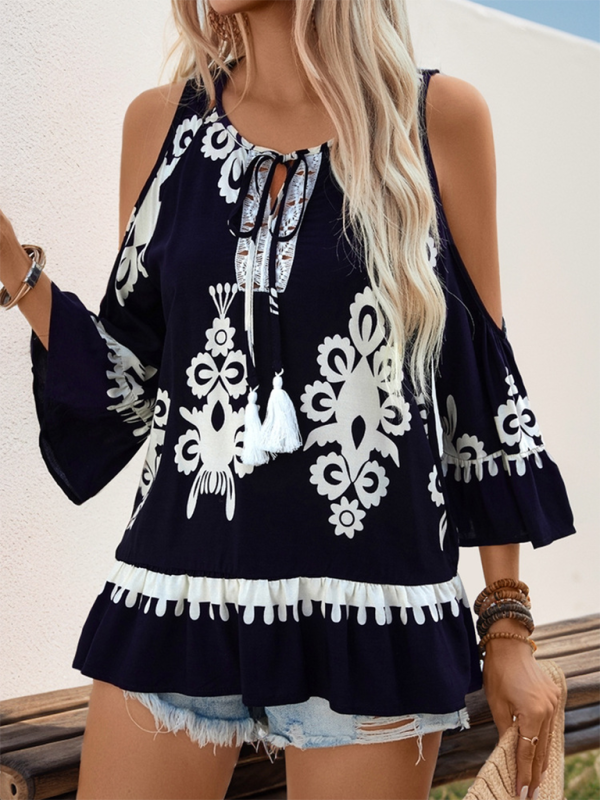 Blue Zone Planet | New Retro Comfortable Cold Shoulder Shirt Lace-up Tassel Lace-up Shirt-[Adult]-[Female]-Champlain color-S-2022 Online Blue Zone Planet