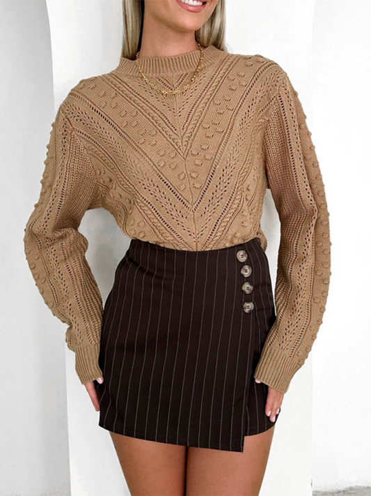 Blue Zone Planet | round neck jacquard sweater simple solid color sweater-[Adult]-[Female]-Khaki-S-2022 Online Blue Zone Planet