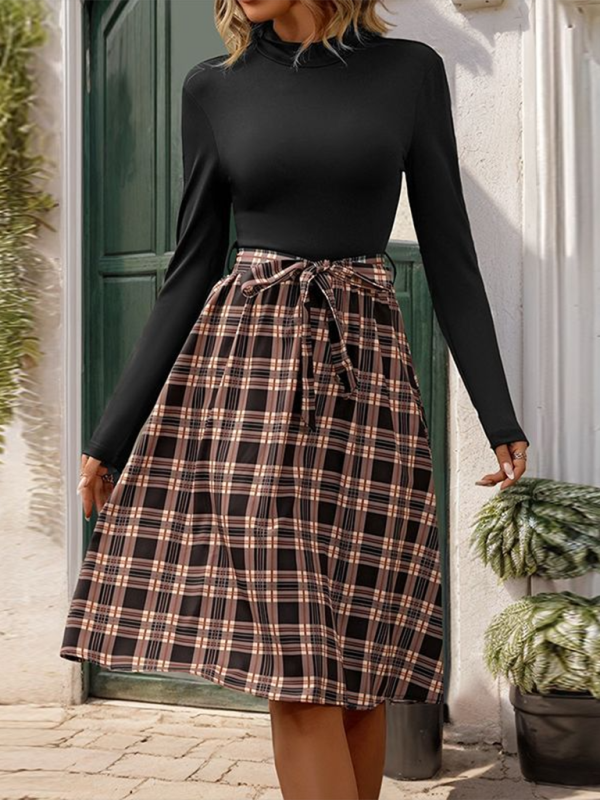 Blue Zone Planet | New style stand-up collar slim fit elegant plaid long skirt splicing dress-TOPS / DRESSES-[Adult]-[Female]-2022 Online Blue Zone Planet