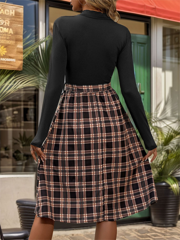 Blue Zone Planet | New style stand-up collar slim fit elegant plaid long skirt splicing dress-TOPS / DRESSES-[Adult]-[Female]-2022 Online Blue Zone Planet