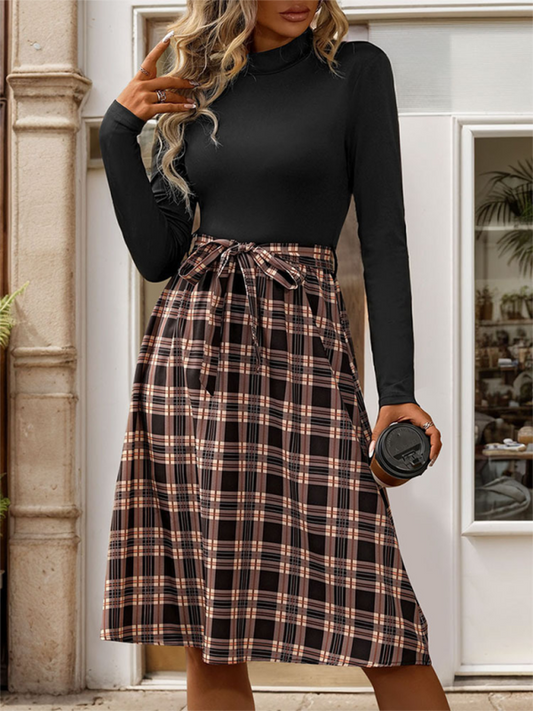 Blue Zone Planet | New style stand-up collar slim fit elegant plaid long skirt splicing dress-TOPS / DRESSES-[Adult]-[Female]-Black-S-2022 Online Blue Zone Planet