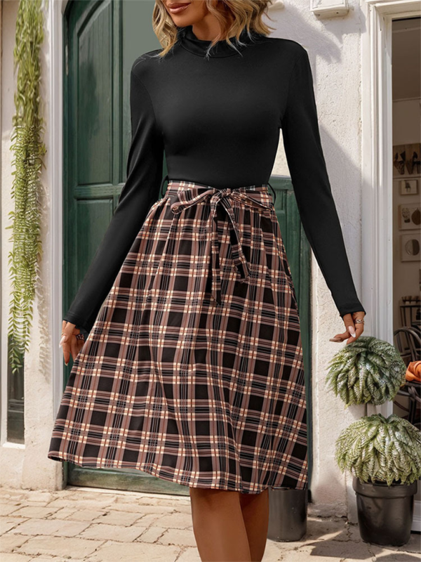 Blue Zone Planet | New style stand-up collar slim fit elegant plaid long skirt splicing dress-TOPS / DRESSES-[Adult]-[Female]-2022 Online Blue Zone Planet