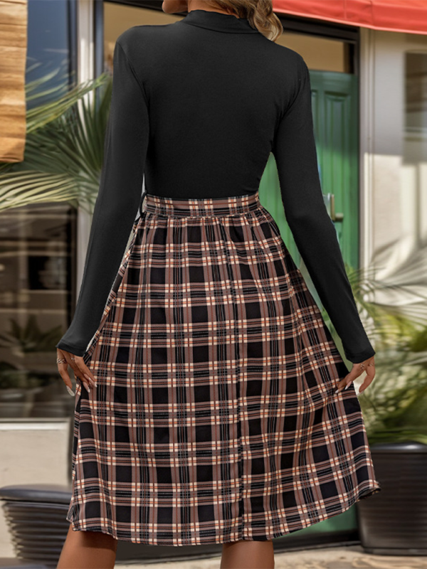 Blue Zone Planet | New style stand-up collar slim fit elegant plaid long skirt splicing dress-TOPS / DRESSES-[Adult]-[Female]-2022 Online Blue Zone Planet