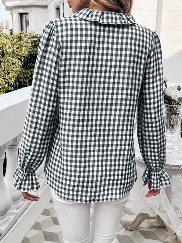 Women's French Contrast Button Check Shirt-[Adult]-[Female]-2022 Online Blue Zone Planet