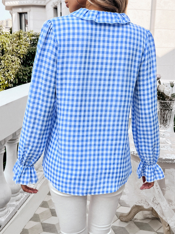 Women's French Contrast Button Check Shirt-[Adult]-[Female]-2022 Online Blue Zone Planet