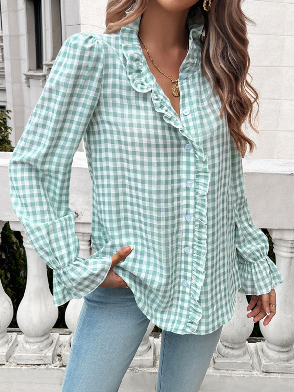 Women's French Contrast Button Check Shirt-[Adult]-[Female]-2022 Online Blue Zone Planet