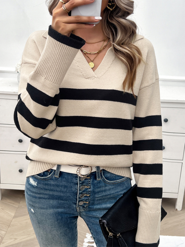 Women's casual loose contrast color lapel sweater top-[Adult]-[Female]-2022 Online Blue Zone Planet