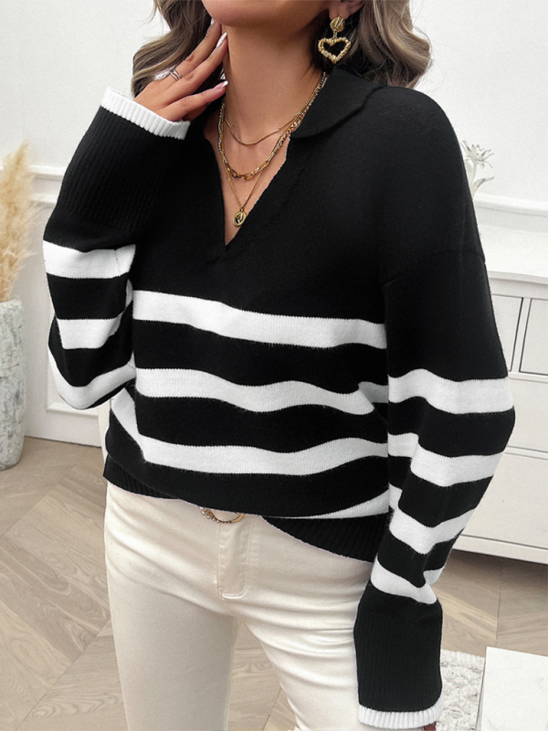 Women's casual loose contrast color lapel sweater top-[Adult]-[Female]-Black-S-2022 Online Blue Zone Planet