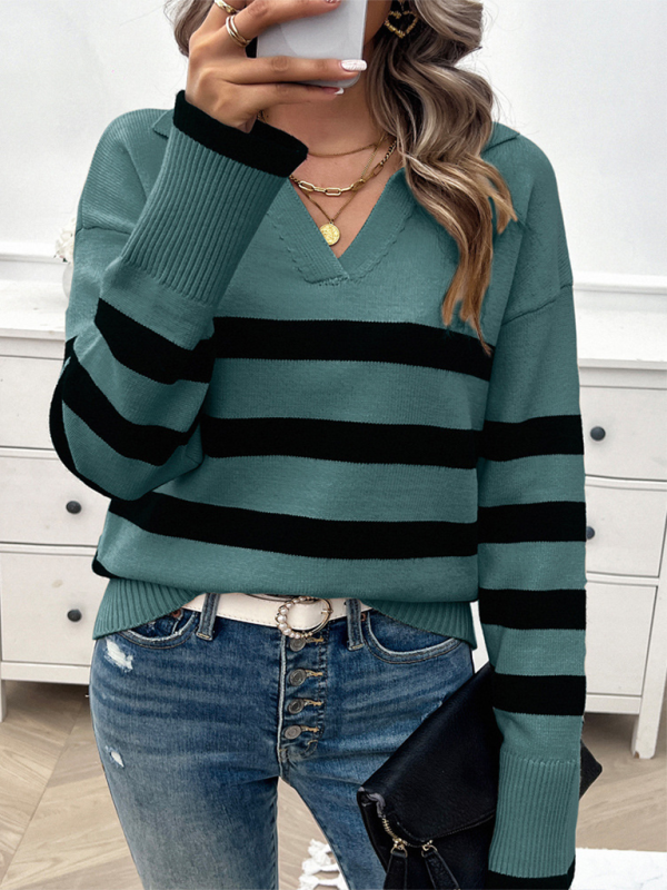 Women's casual loose contrast color lapel sweater top-[Adult]-[Female]-2022 Online Blue Zone Planet