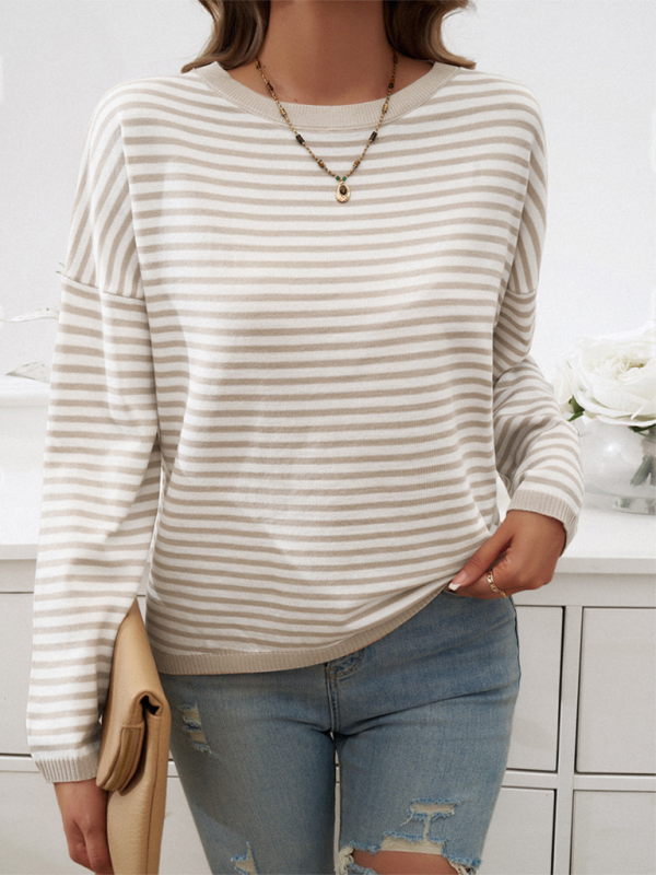 Women's Temperament Casual Round Neck Striped Sweater-[Adult]-[Female]-2022 Online Blue Zone Planet