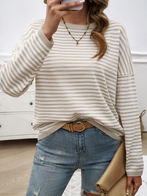 Women's Temperament Casual Round Neck Striped Sweater-[Adult]-[Female]-2022 Online Blue Zone Planet