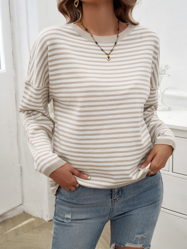 Women's Temperament Casual Round Neck Striped Sweater-[Adult]-[Female]-2022 Online Blue Zone Planet