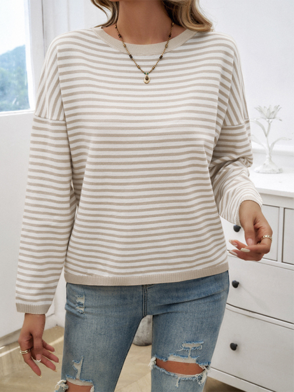 Women's Temperament Casual Round Neck Striped Sweater-[Adult]-[Female]-Cracker khaki-S-2022 Online Blue Zone Planet