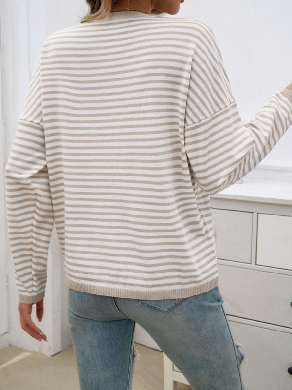 Women's Temperament Casual Round Neck Striped Sweater-[Adult]-[Female]-2022 Online Blue Zone Planet