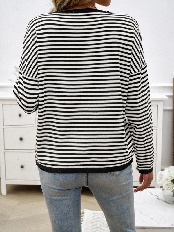 Women's Temperament Casual Round Neck Striped Sweater-[Adult]-[Female]-2022 Online Blue Zone Planet