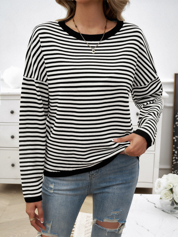 Women's Temperament Casual Round Neck Striped Sweater-[Adult]-[Female]-2022 Online Blue Zone Planet