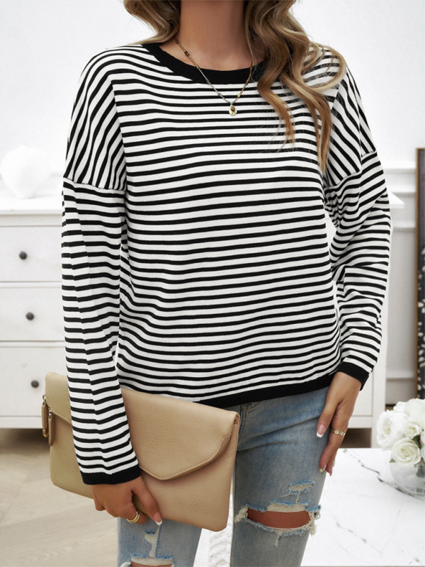 Women's Temperament Casual Round Neck Striped Sweater-[Adult]-[Female]-2022 Online Blue Zone Planet