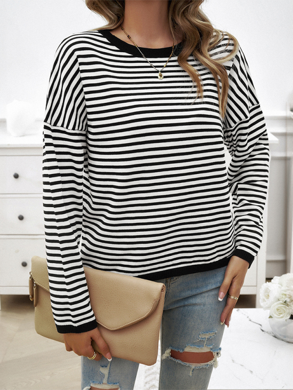 Women's Temperament Casual Round Neck Striped Sweater-[Adult]-[Female]-Black-S-2022 Online Blue Zone Planet