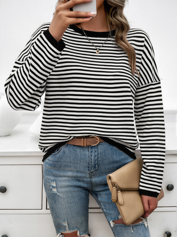 Women's Temperament Casual Round Neck Striped Sweater-[Adult]-[Female]-2022 Online Blue Zone Planet