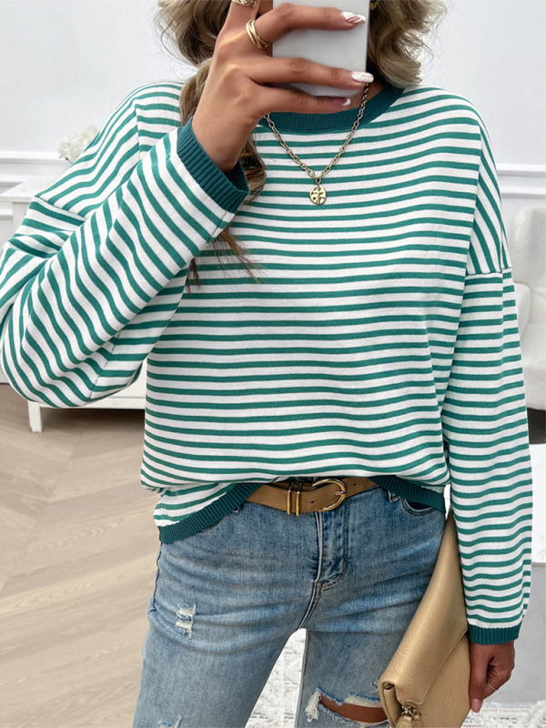 Women's Temperament Casual Round Neck Striped Sweater-[Adult]-[Female]-Green-S-2022 Online Blue Zone Planet