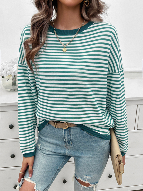 Women's Temperament Casual Round Neck Striped Sweater-[Adult]-[Female]-2022 Online Blue Zone Planet