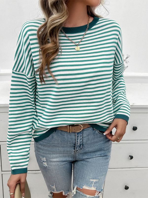 Women's Temperament Casual Round Neck Striped Sweater-[Adult]-[Female]-2022 Online Blue Zone Planet