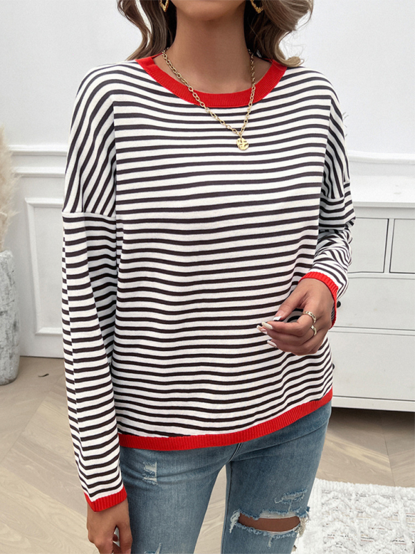 Women's Temperament Casual Round Neck Striped Sweater-[Adult]-[Female]-2022 Online Blue Zone Planet