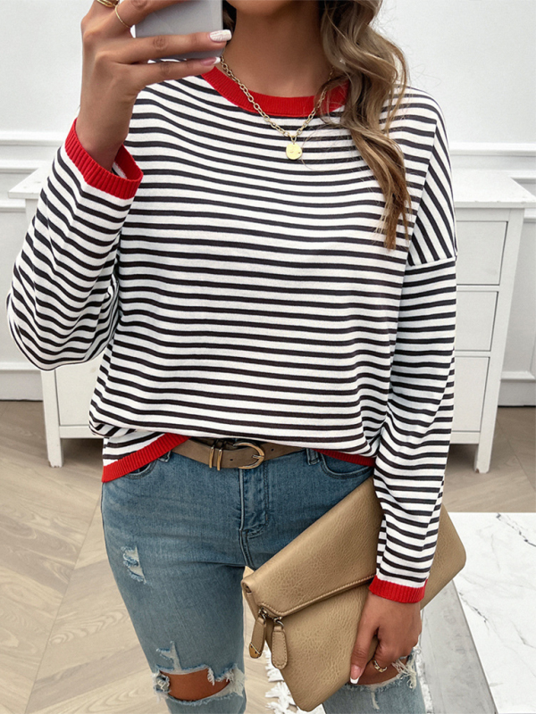 Women's Temperament Casual Round Neck Striped Sweater-[Adult]-[Female]-Red-S-2022 Online Blue Zone Planet