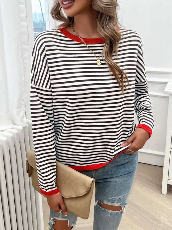 Women's Temperament Casual Round Neck Striped Sweater-[Adult]-[Female]-2022 Online Blue Zone Planet