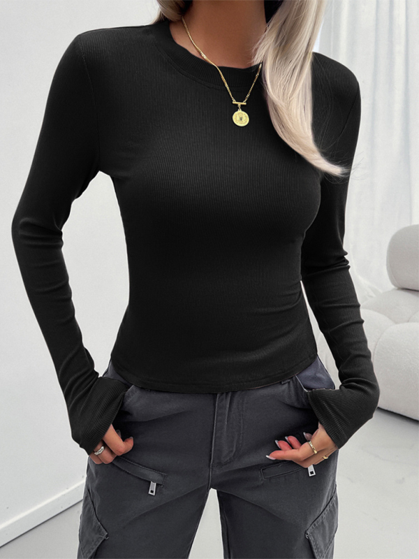 Women's Y2k Temperament Slim Round Neck Long Sleeve Top-[Adult]-[Female]-Black-S-2022 Online Blue Zone Planet
