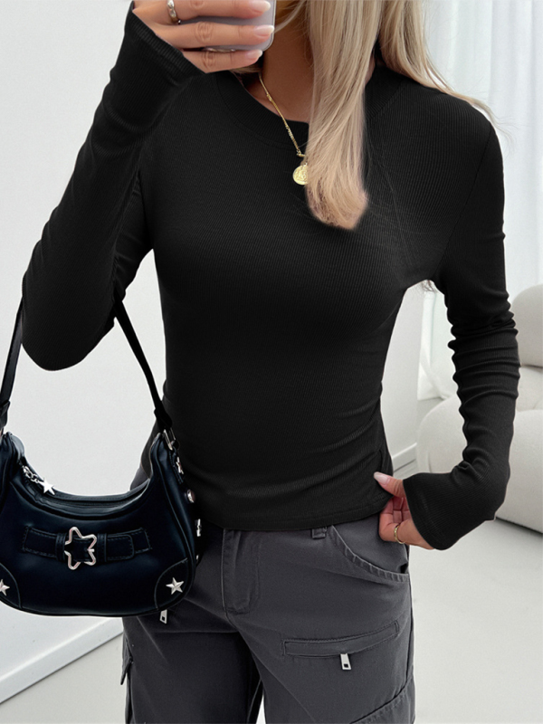 Women's Y2k Temperament Slim Round Neck Long Sleeve Top-[Adult]-[Female]-2022 Online Blue Zone Planet