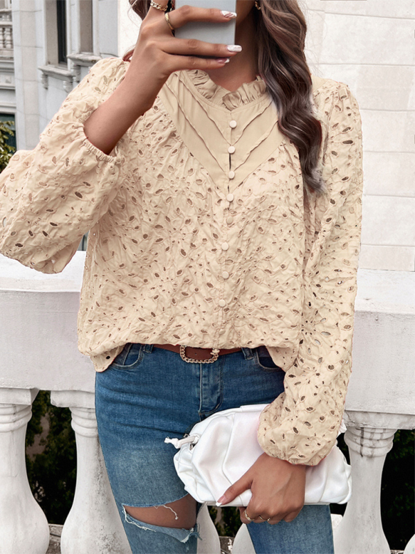 Women's hollow puff sleeve embroidered top-[Adult]-[Female]-2022 Online Blue Zone Planet