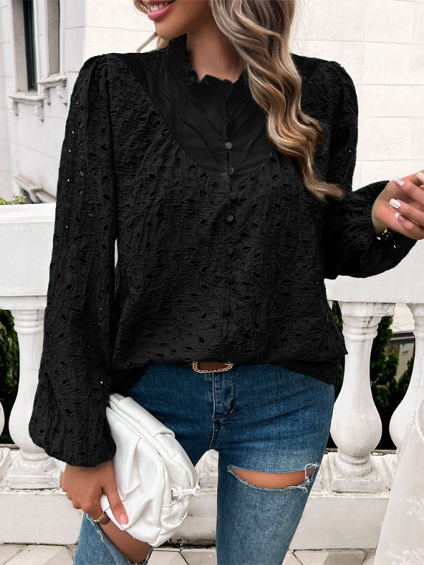Women's hollow puff sleeve embroidered top-[Adult]-[Female]-2022 Online Blue Zone Planet