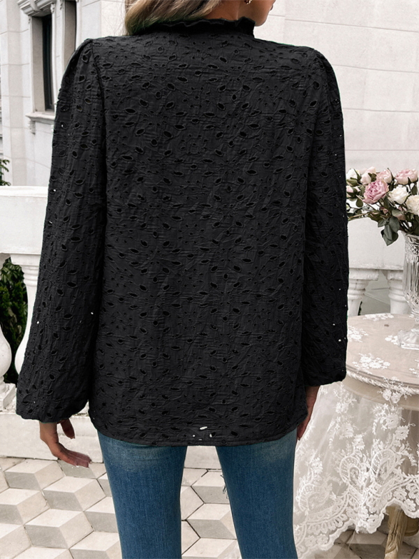 Women's hollow puff sleeve embroidered top-[Adult]-[Female]-2022 Online Blue Zone Planet